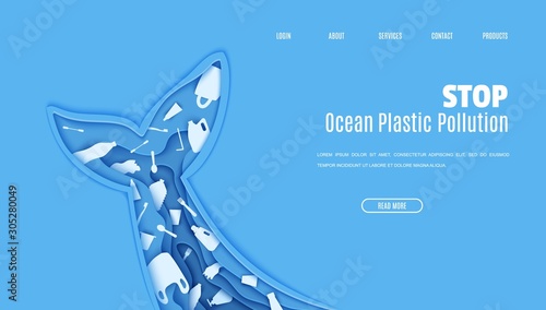 Web page design template stop ocean plastic pollution in paper cut style. Tail fin in the form papercut layer cave with plastic bag for rubbish, bottle, disposable tableware. Vector ecological concept