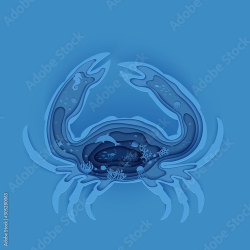 Silhouette of crab cut out of paper. Papercut marine butterflyfish, jellyfish, moonfish, turtle. Craft underwater ocean cave with fishes, coral reef, seabed algae waves, Vector World Ocean Day concept