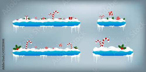 Detailed snow caps on menu bar and buttons. UI, UX, KIT interface xmas for app or website. New year decoration Gifts, snowdrifts icicles, candy canes and other symbols of Christmas and New Year