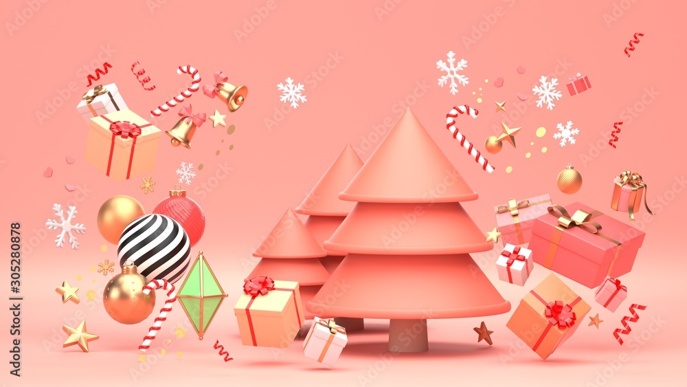 3d render image of christmas tree design for christmas holiday decorate by ornament geometric shape and giftbox. 3d render image of christmas tree design for christmas holiday decorate by ornament geometric shape and giftbox.