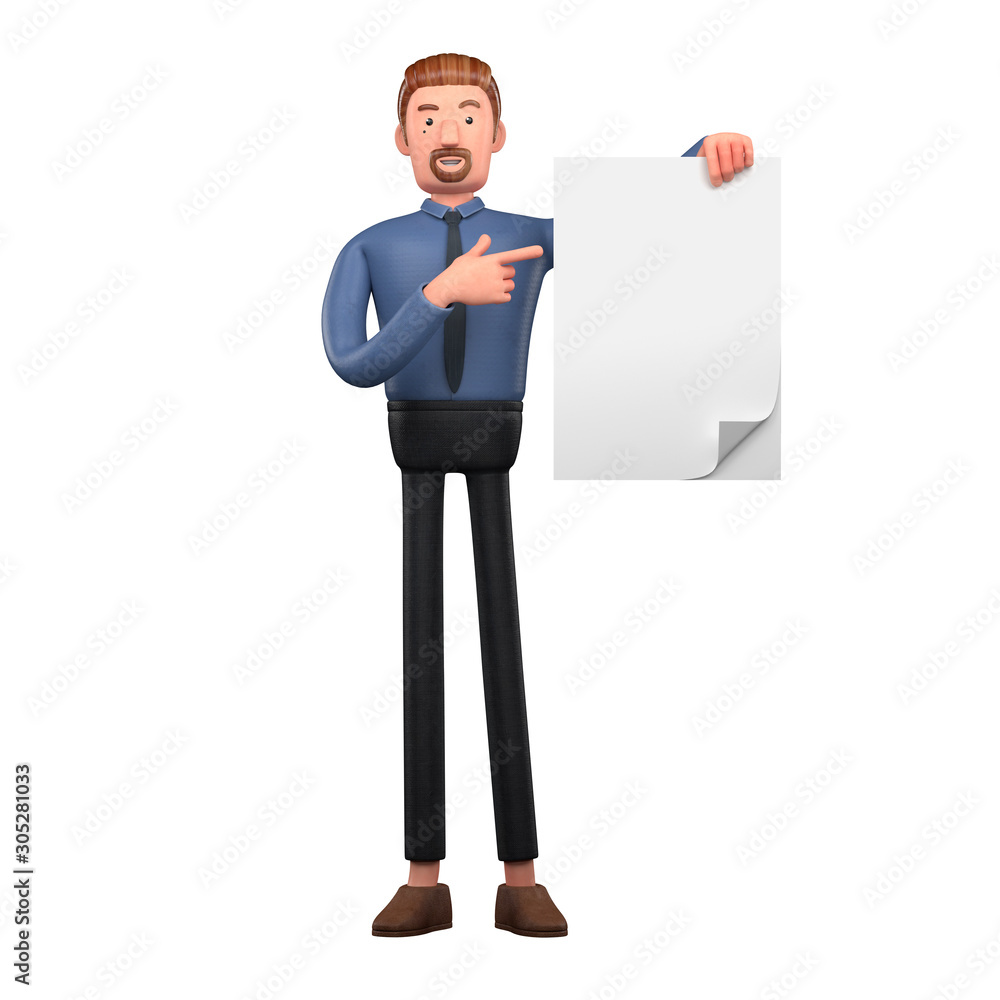3d render image of handsome cartoon business man holds a blank document 3d render image of handsome cartoon business man holds a blank document