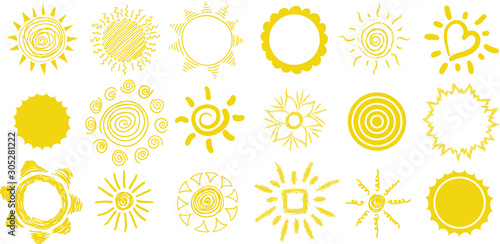 Set of suns from doodle style. Manual rendering.