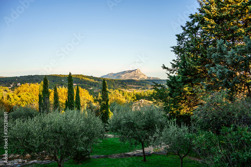 Fototapeta Naklejka Na Ścianę i Meble -  Vue panoramique sur la montagne Sainte Victoire depuis le terrain des peintres Aix-en-Provence. France.	