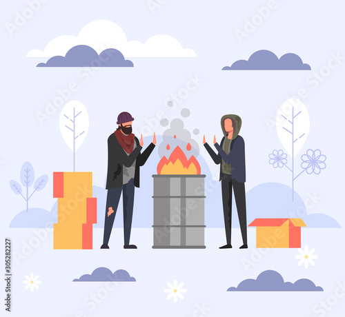 Homeless people near fire trash can. Vector flat cartoon graphic design illustration