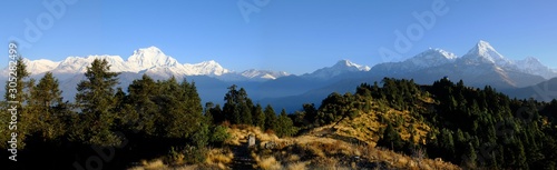 Panoramic view of the Annapurna massif and Dhaulagiri massif on the Ghorepani Poon Hill, Himalayas, Nepal photo