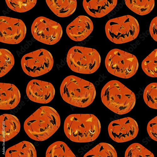 Seamless pattern texture of beautiful bright watercolor orange and yellow pumpkins for holiday halloween isolated on a black background