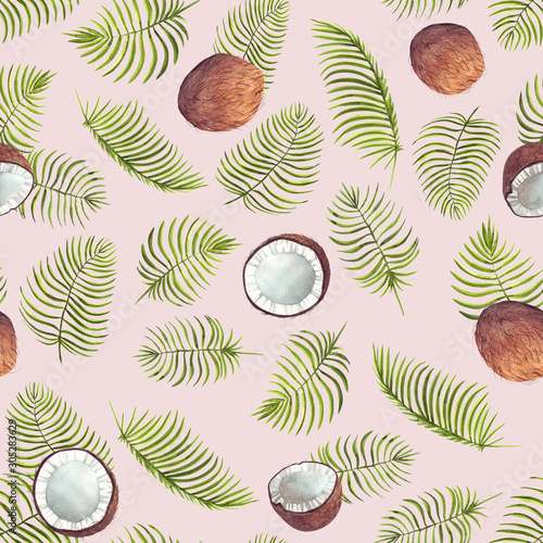 Seamless coconut pattern. Pattern with watercolor coconut. Tropical background. Summer backdrop. Perfect for Social media