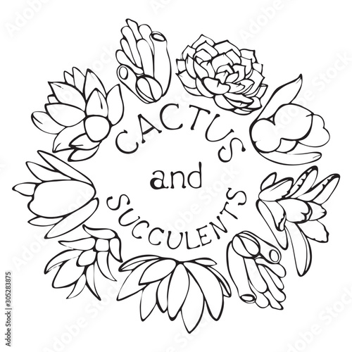 Sketch succulents wreath. Round frame with succulents and cactus. Botanical border in eco style. Hand drawn vector illustration