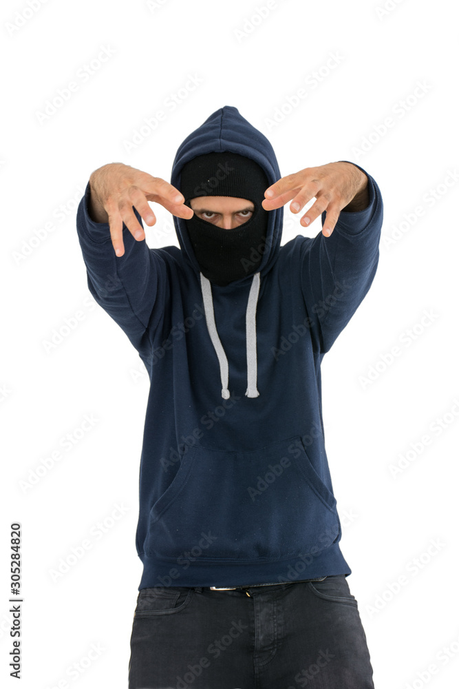 Masked thief isolated on white background.