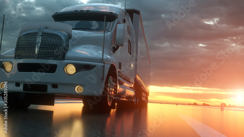 Semi trailer. Truck on the road, highway. Transports, logistics concept. 3d rendering