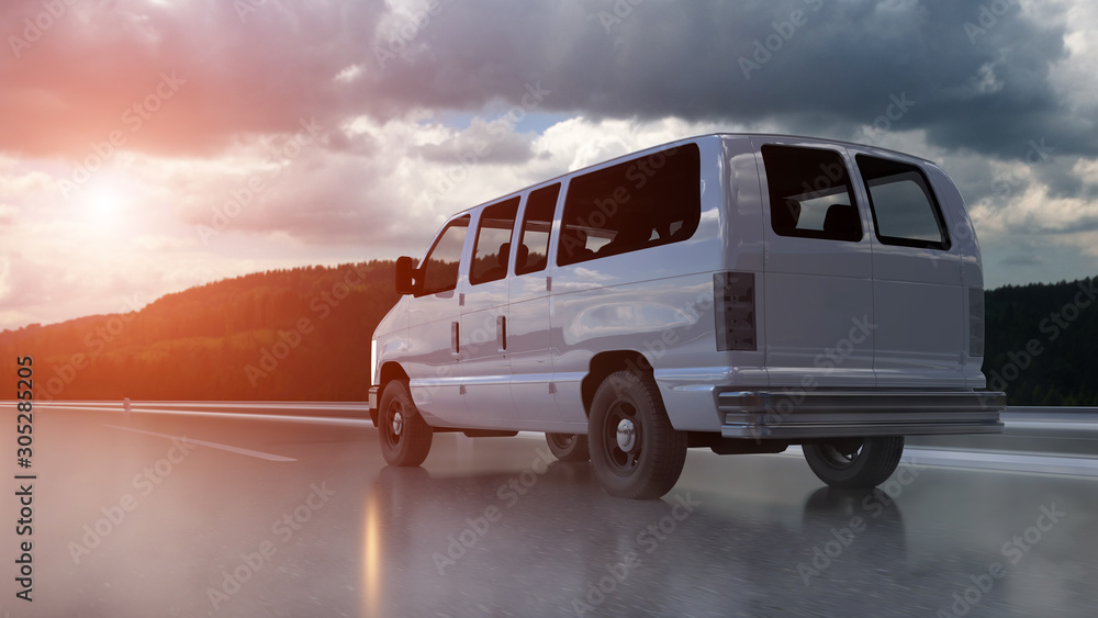 Delivery van on highway. Very fast driving. Transport and logistic concept. 3d rendering