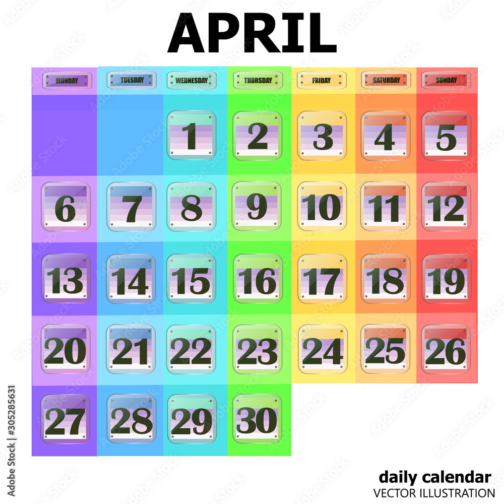 Vetor de Colorful calendar for April 2020 in english Set of buttons Vetor de Colorful calendar for April 2020 in english Set of buttons
