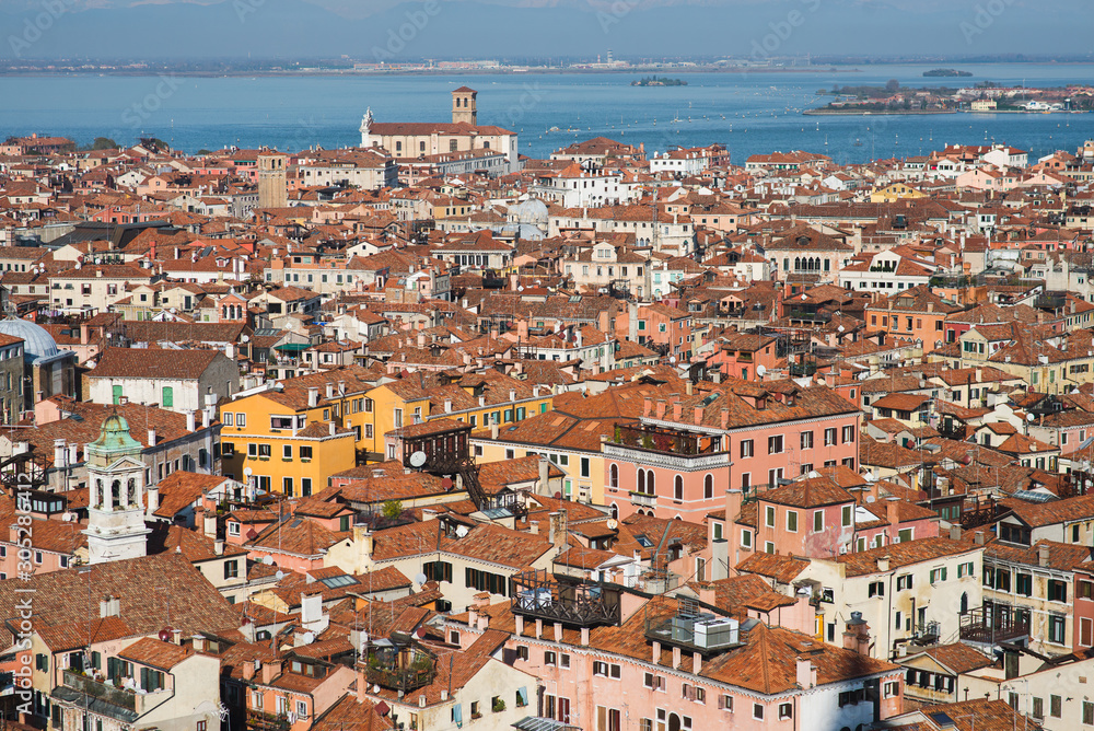 Top view of traditional buildings in the center of Venice.