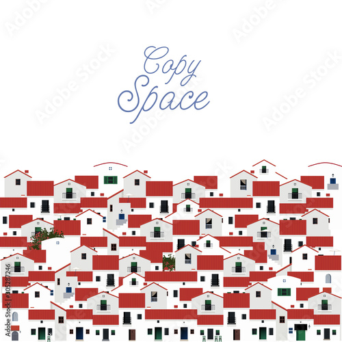 Background of typical Mediterranean houses. Typical image of southern Spain. White houses and red roofs. Blank space for text