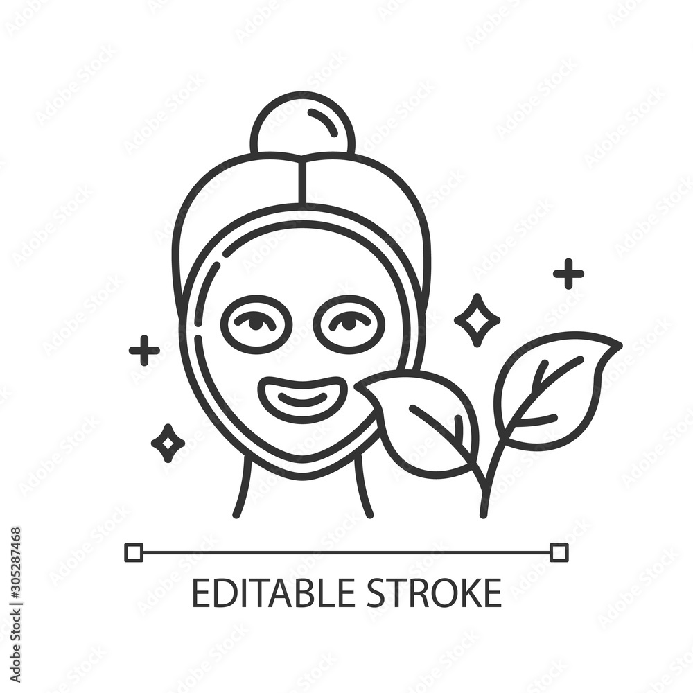 Obraz premium Face mask linear icon. Skincare routine. Beauty product. Facial healing treatment. Organic cosmetics. Thin line illustration. Contour symbol. Vector isolated outline drawing. Editable stroke