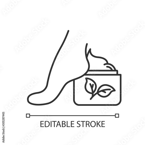 Foot cream jar linear icon. Moisturizing lotion. Hydrating skincare product. Paraben free. Organic cosmetics. Thin line illustration. Contour symbol. Vector isolated outline drawing. Editable stroke