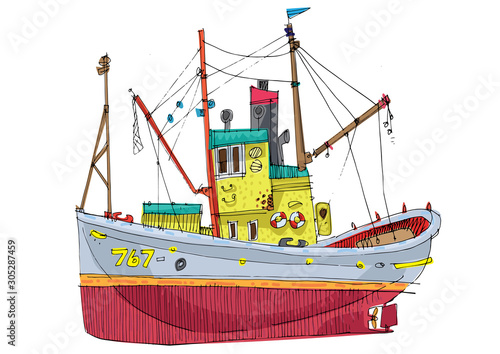 A really cute vintage diesel fishboat. Caricature. Cartoon. Full body view.