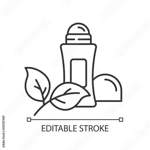 Natural roll-on deodorant linear icon. Hypoallergenic antiperspirant. Alluminium-free. Organic cosmetics. Thin line illustration. Contour symbol. Vector isolated outline drawing. Editable stroke