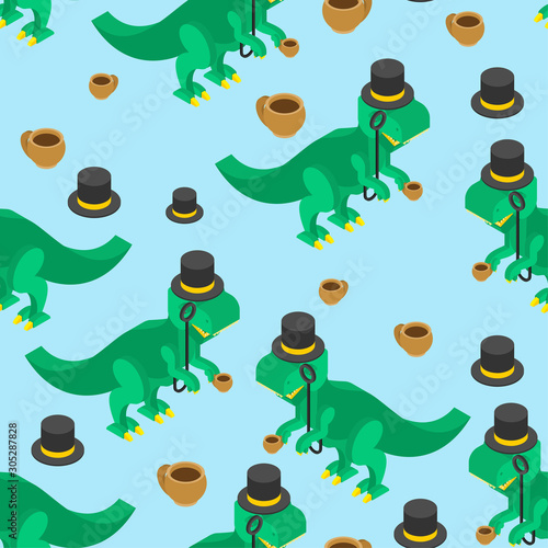 Dino gentleman pattern seamless. Tyrannosaurus hat top hat and cup of tea background. Dinosaur aristocrat ornament. Baby fabric texture