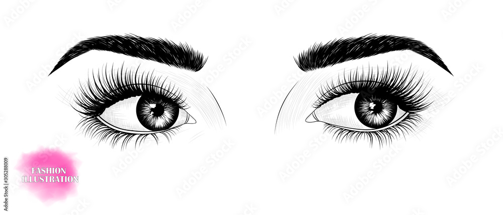 Hand-drawn black and white image of the eyes, looking to the side, with eyebrows and long eyelashes. Fashion illustration. Vector EPS 10 .