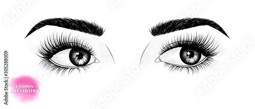 Hand-drawn black and white image of the eyes, looking to the side, with eyebrows and long eyelashes. Fashion illustration. Vector EPS 10 .