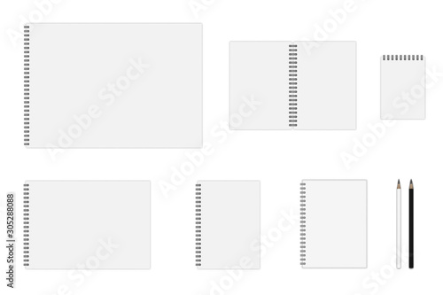 Vector set of notebook mockup (formats: A3, A4, A5, A6), hardcover notebook, pencils. EPS 10