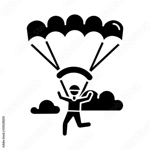Paragliding glyph icon. Parachuting , paratrooping activity. Air extreme sport. Skydiving, hang gliding recreation. Flights in sky and jumps with parachute. Vector isolated illustration