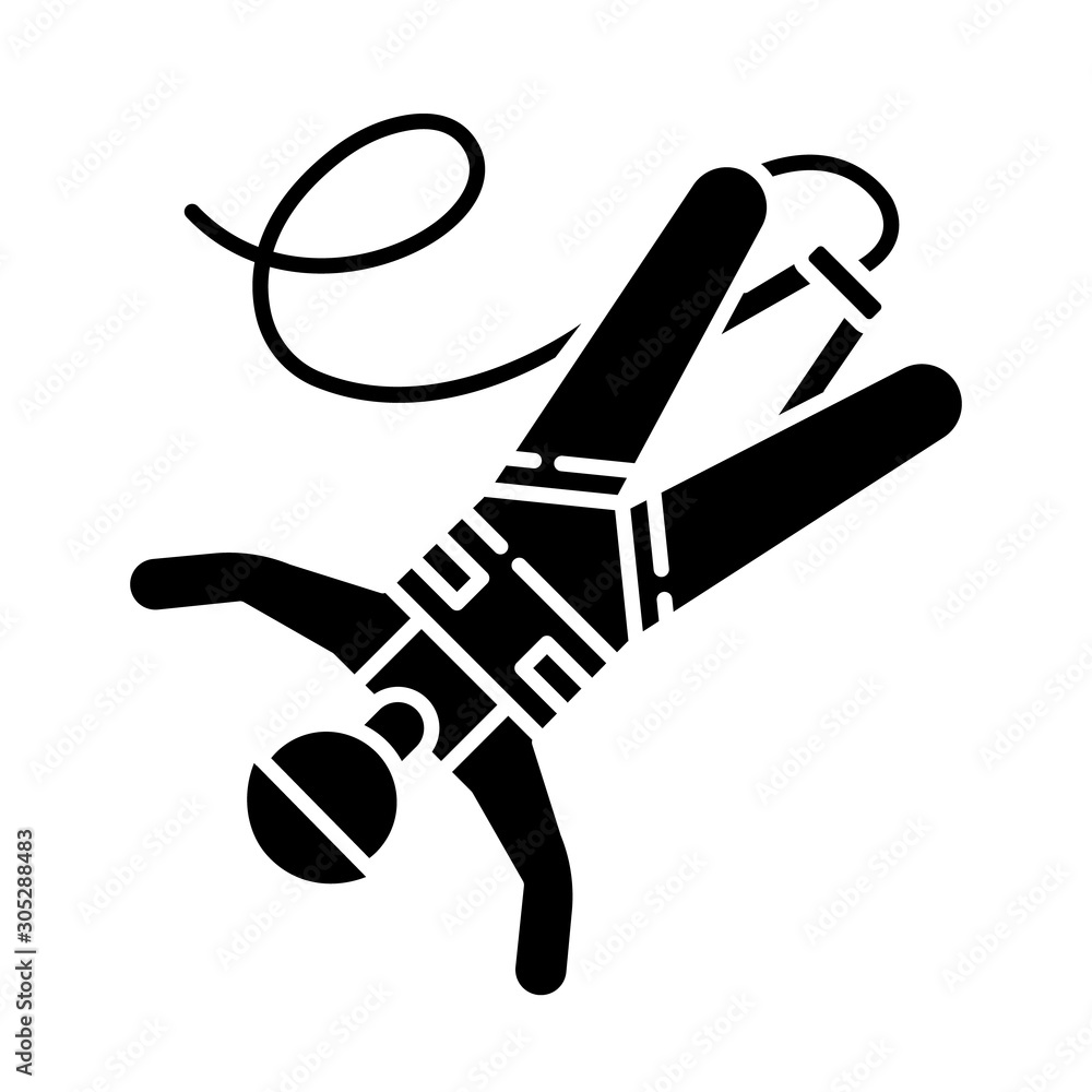 Bungee jumping glyph icon. Extreme sport. Bungy jumper falling down. Adrenaline recreation. Risky leap with rope. Silhouette symbol. Negative space. Vector isolated illustration