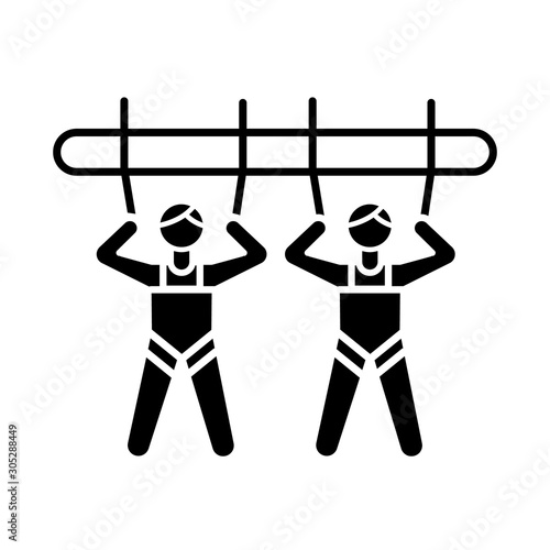 Mountain giant swing glyph icon. Amusement park attraction. Canyon swing. Adrenaline recreation. Extreme activity. Silhouette symbol. Negative space. Vector isolated illustration