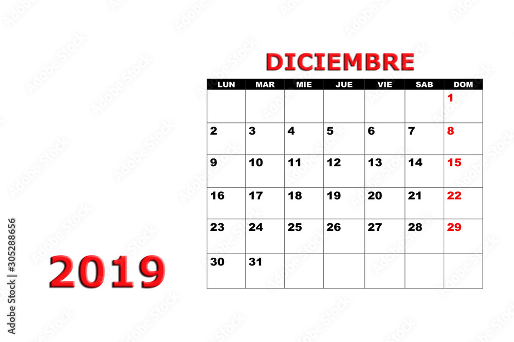 Diciembre, 2019. Almanaque, calendario, mes, fondo blanco. ilustración de  Stock | Adobe Stock