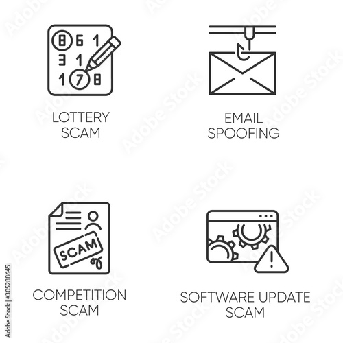 Scam types linear icons set. Lottery, competition scheme. Email spoofing. Software update trick. Illegal money gain. Thin line contour symbols. Isolated vector outline illustrations. Editable stroke
