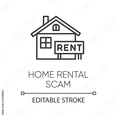 Home rental scam linear icon. House, apartment for rent. Fake real estate agent. Online fraud. Upfront payment. Thin line illustration. Contour symbol. Vector isolated outline drawing. Editable stroke