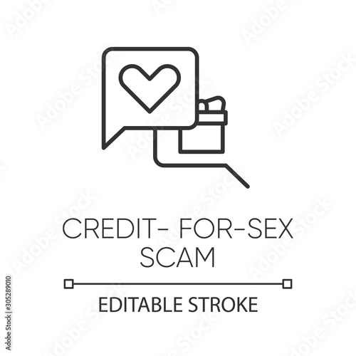 Credit-for-sex scam linear icon. Sexual favours. Dating, hookup fraud. Internet love scam. Cyber extortion. Thin line illustration. Contour symbol. Vector isolated outline drawing. Editable stroke