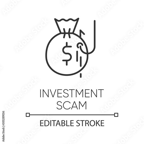 Investment scam linear icon. Ponzi, pyramid scheme. Financial fraud. Illegal money gain. Phishing. Thin line illustration. Contour symbol. Vector isolated outline drawing. Editable stroke