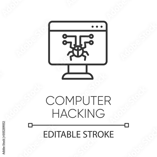 Computer hacking linear icon. Illegal access gain. Security breach. Malware, ransomware. Phishing, cybercrime. Thin line illustration. Contour symbol. Vector isolated outline drawing. Editable stroke