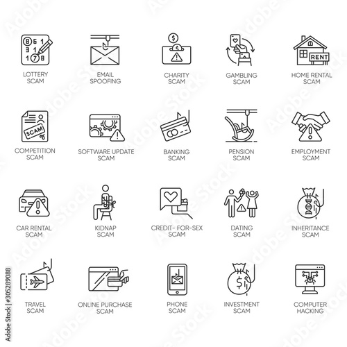 Scam types linear icons set. Malware. Investment, rental schemes. Phishing tricks. Cybercrime. Financial fraud. Thin line contour symbols. Isolated vector outline illustrations. Editable stroke