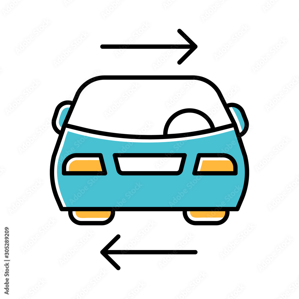 Shared car service blue color icon. Vehicle for rent. Carpooling. Ride sharing. Carshare. Lift sharing. Shared mobility. Road transport. Driver work. Parking. Isolated vector illustration