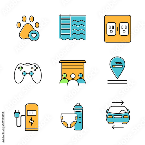 Apartment amenities color icons set. Pets allowed, swimming pool, charging outlet, game room, movie theater, smoking allowed, ev charging station, toddler room, carshare. Isolated vector illustrations
