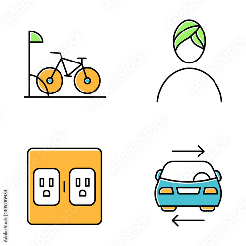 Apartment amenities color icons set. Bike parking, spa, shared car service, charging outlets. Residential services. Luxuries for dwelling inhabitants. Isolated vector illustrations