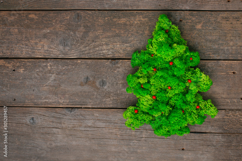 Fresh green moss in the shape of Christmas tree on wooden background