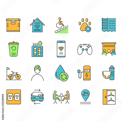 Apartment amenities color icons set. Residential services. Comfortable house signs. Luxuries for dwelling inhabitants. Property conveniences for millennial renters. Isolated vector illustrations