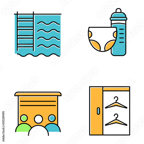 Apartment amenities color icons set. Swimming pool, toddler room, movie theater, walk-in closet. Residential services. Luxuries for dwelling inhabitants. Isolated vector illustrations