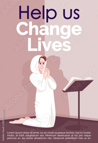 Help us change lives brochure template. Spiritual obsession. Flyer, booklet, leaflet concept with flat illustrations. Religious fanaticism vector page cartoon layout for magazine with text space