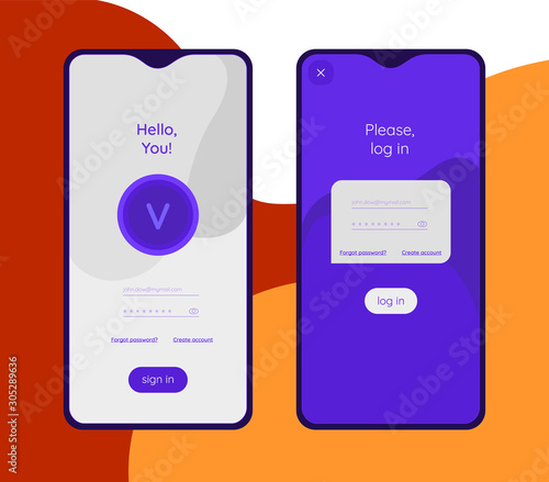 Trendy responsive mobile UI templates of login and registration mobile app template with smartphone mockups