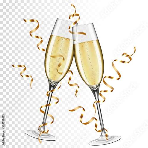 Платно Two glasses of champagne with ribbon, isolated on transparent background