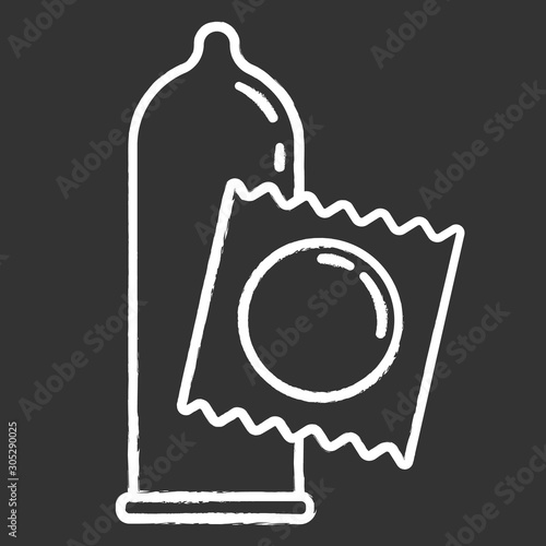Condom chalk icon. Contraceprive for safe sex. Healthy intercourse. Sexually transmitted infection protection. Pregnancy prevention. Latex preservative. Isolated vector chalkboard illustration