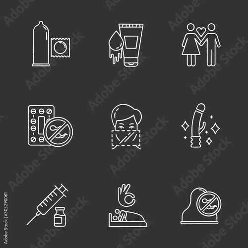 Safe sex chalk icons set. Condoms. Oral contraceptive pills. Woman and man in love. Clean sex toys. Dental dams. Vaccination. Sex with consent. Cervical cap. Isolated vector chalkboard illustrations