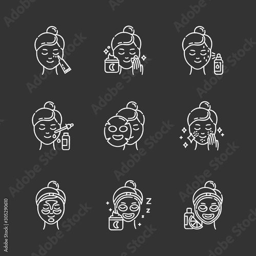 Skin care procedures chalk icons set. Night time beauty routine. Applying undereye cream. Sheet cotton mask. Spot treatment. Hydrogel patches. Vitamin C serum. Isolated vector chalkboard illustrations