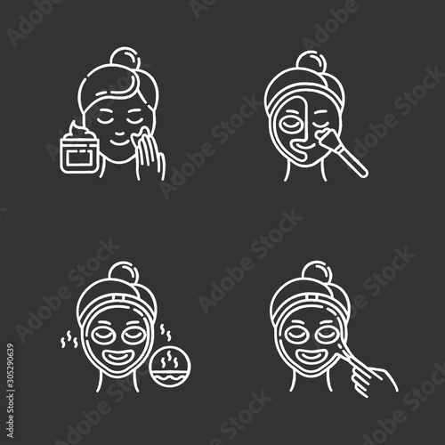 Skin care procedures chalk icons set. Applying exfoliating cream. Using thermal mask to open up pores. Liquid mask for facial treatment. Female beauty routine. Isolated vector chalkboard illustrations