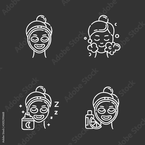 Skin care procedures chalk icons set. Night time routine. Vitamin C cream for facial beauty treatment. Using cleanser water. Moisturizer for personal skincare. Isolated vector chalkboard illustrations
